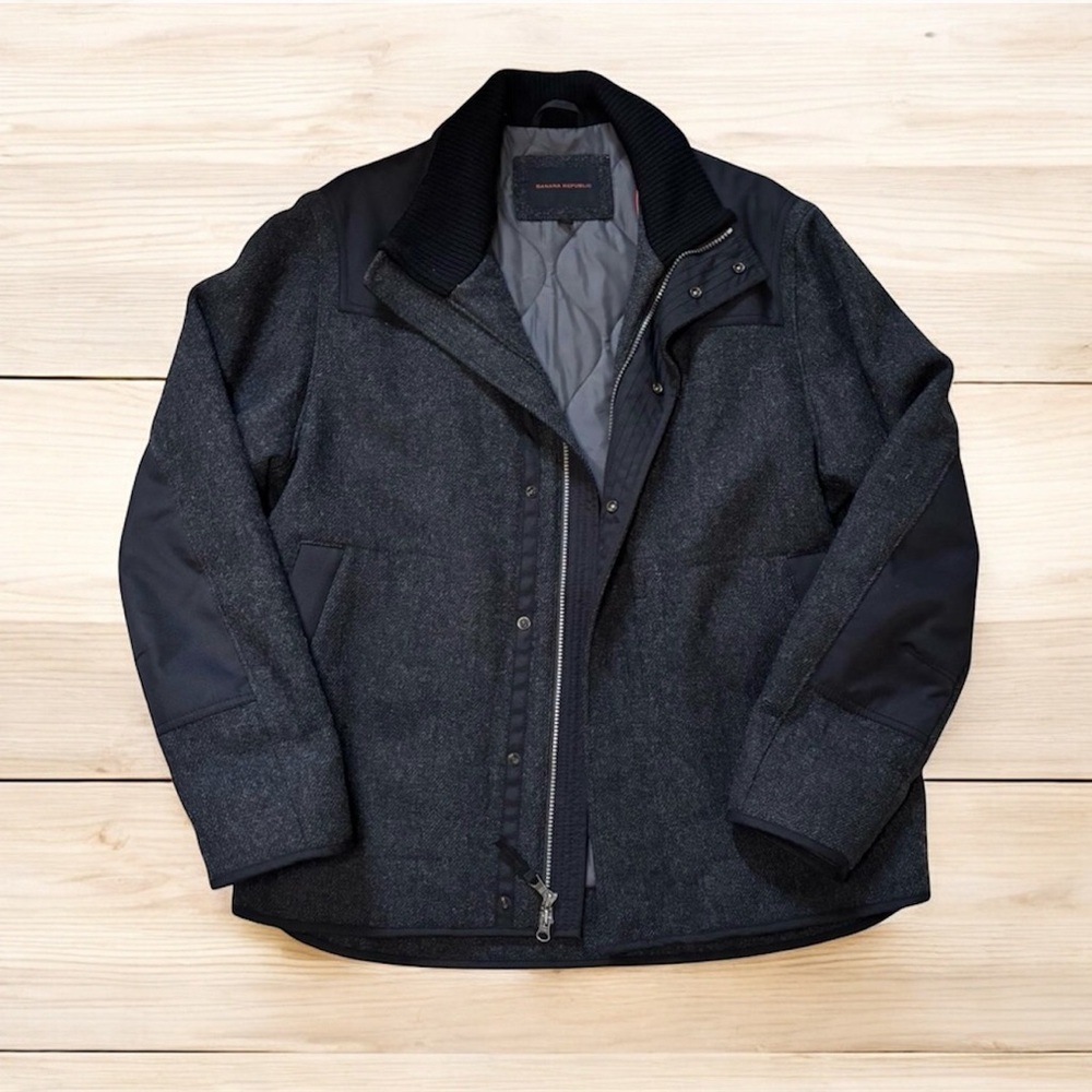 Men's Dark Gray Wool-Blend Jacket with Rib Collar